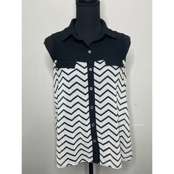 Sans Souci Sleeveless Tank Blouse Black White‎ Geometric Pattern ZigZag S Button - Picture 5 of 10